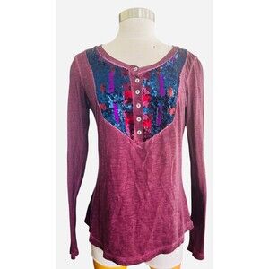 Free People Wm M Plum Purple Sequin Chest Long Sleeve 1/4 Button Front Tee NEW